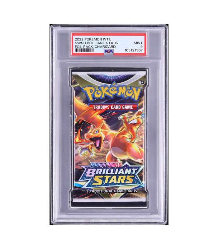 2022 Pokemon International Sword & Shield Brilliant Stars Foil Pack Charizard Art PSA 9 front Brilliant Stars Booster Pack Charizard Art PSA 9 – 2022 Pokémon Sword & Shield (Sealed) - Imagen 1