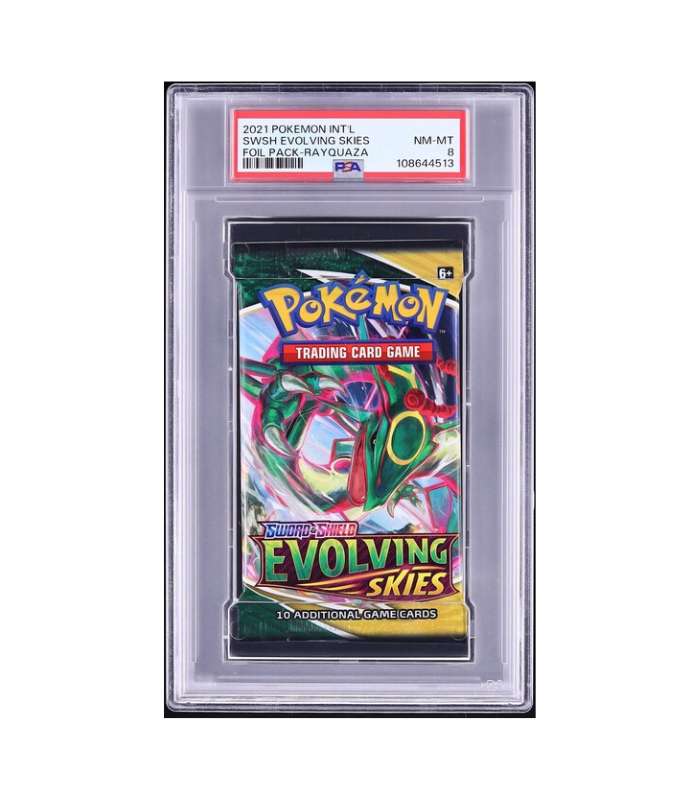 2021 Pokemon International SWSH Evolving Skies Foil Pack Rayquaza PSA 8 NM-MT front Evolving Skies Booster Pack Rayquaza Art PSA 8 NM-MT – 2021 Pokémon Sword & Shield (Sealed) - Imagen 1