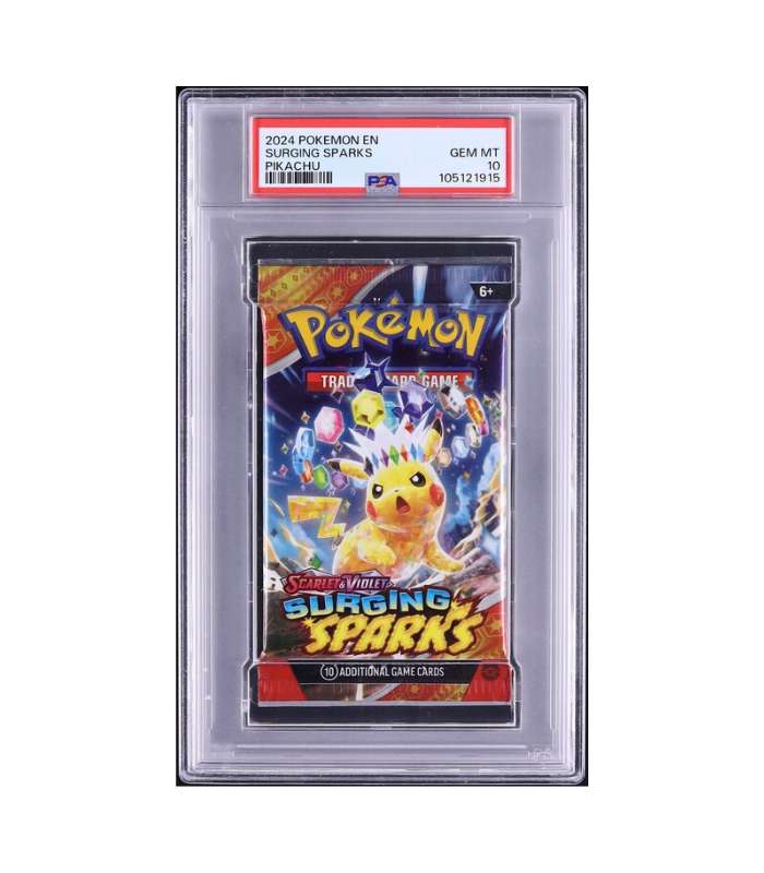 2024 Pokemon Scarlet & Violet Surging Sparks Pikachu Wax Pack PSA 10 GEM MINT front Pikachu Surging Sparks Wax Pack PSA 10 GEM MINT – 2024 Pokémon Scarlet & Violet (Sealed) - Imagen 1